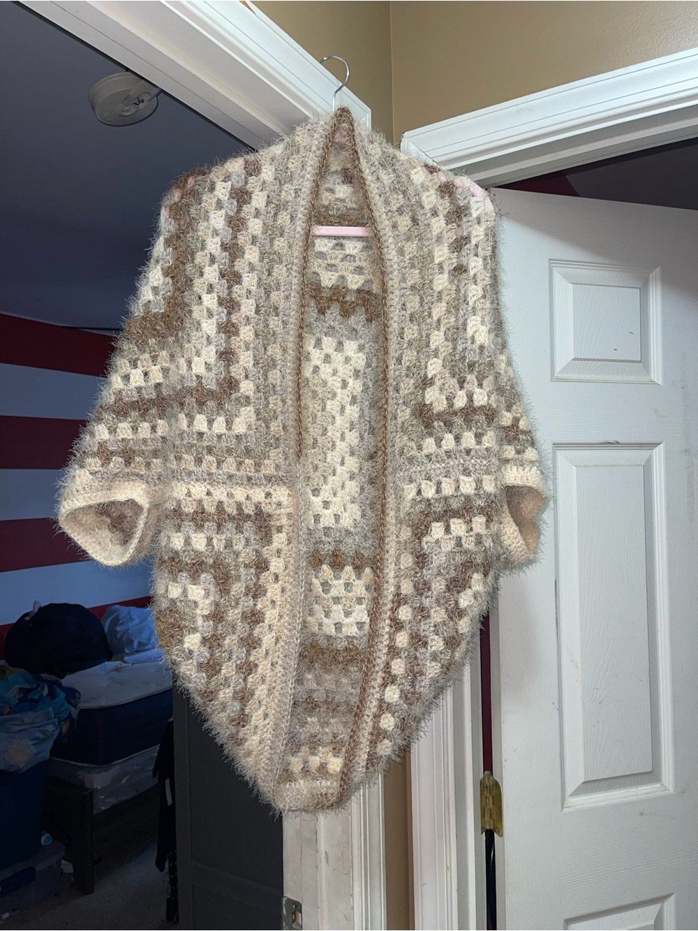 Cozy Chunky Knit Open Cocoon Sweater - Cream & Brown